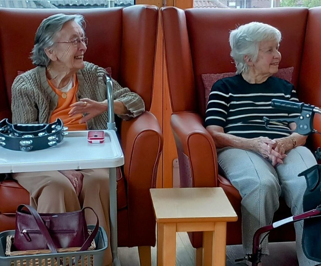 Two elderly women are seated in armchairs, sharing smiles and conversation while a table with cake sits between them. Mobility aids rest nearby as one woman gestures and the other looks ahead. British English version: Two elderly women are seated in armchairs, sharing smiles and conversation while a table with cake sits between them. Mobility aids rest nearby as one woman gestures and the other gazes ahead.