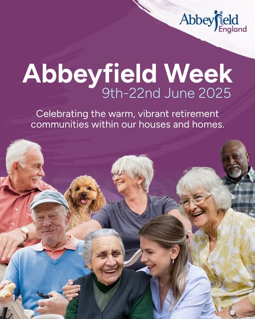 A group of older adults smiling and socialising outdoors with a dog, promoting Abbeyfield Week, 9–22 June 2025. The text highlights retirement community celebrations and volunteering opportunities.
