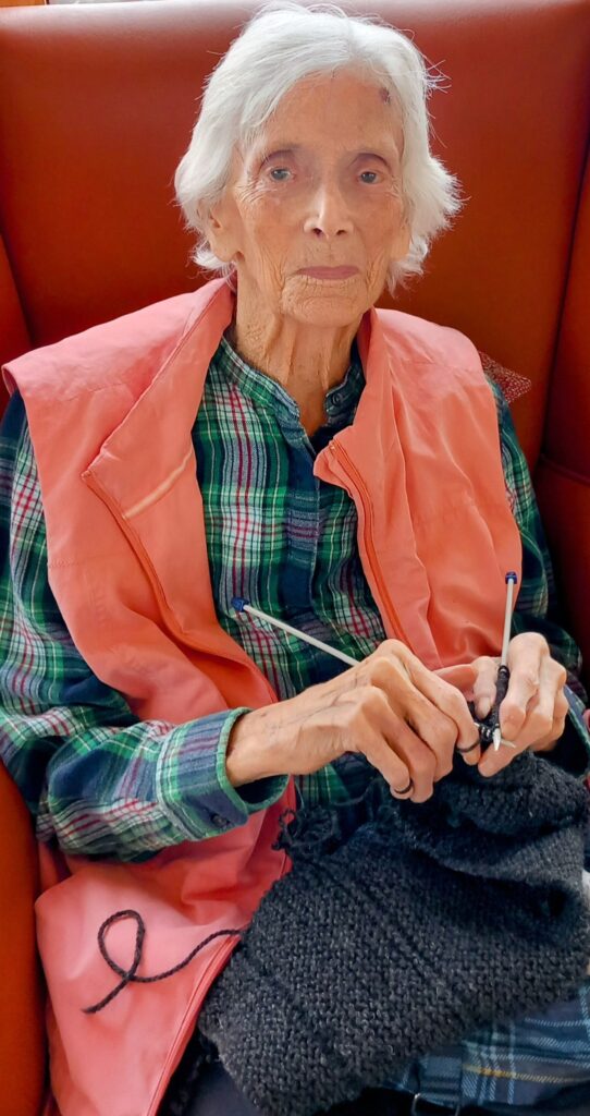 Elderly woman with white hair, wearing a pink waistcoat and checked shirt, sits on a red chair while she knits with dark wool and needles, enjoying the gentle clicking of her handiwork.