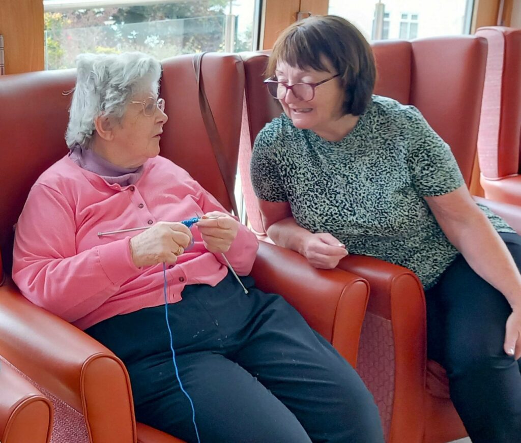 An elderly woman sits knitting with blue wool in a red armchair while a middle-aged woman leans over to chat, the gentle clatter of needles filling the room.