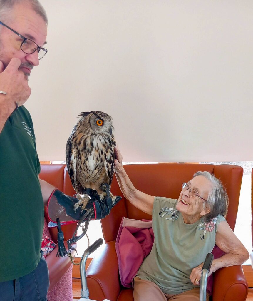An elderly woman seated in a chair smiles and gently strokes an owl, one of her feathered companions, perched on a mans gloved hand indoors.