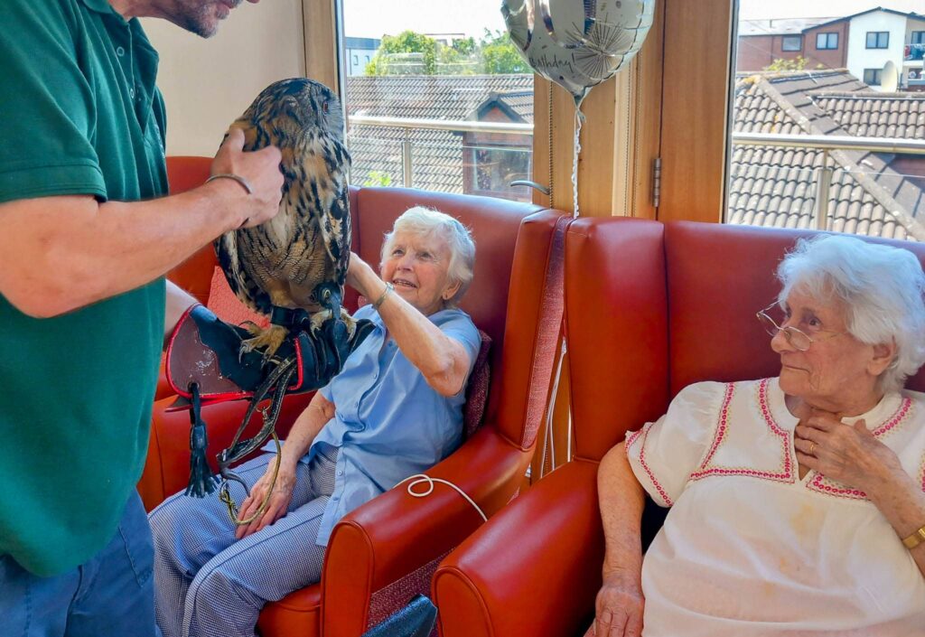 Two elderly women are seated on red chairs indoors; one smiles as she strokes a large feathered companion, a sizeable owl being held by a man nearby. A balloon and windows showing rooftops outside create the backdrop for a cosy afternoon gathering.