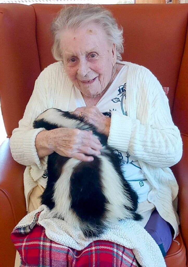 An elderly woman sitting in an armchair smiles while holding a black and white furry companion, possibly a skunk, on her lap with a checked blanket underneath.