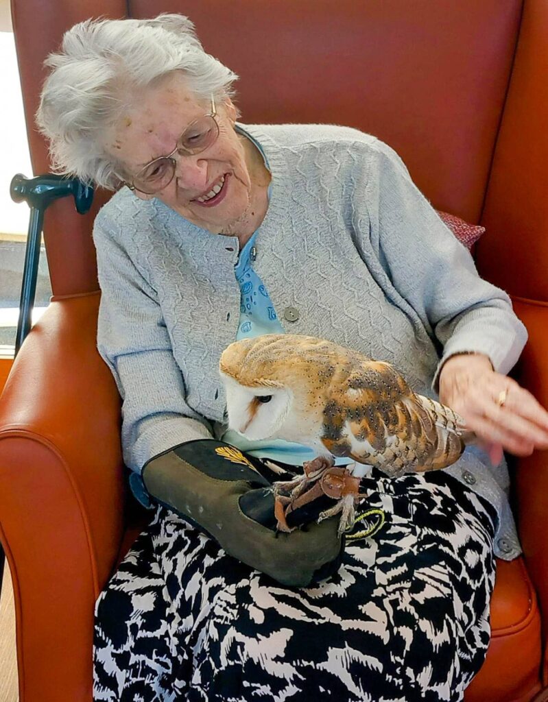 An elderly woman seated in an armchair looks down and smiles at a barn owl, one of her feathered friends, perched on her gloved hand.