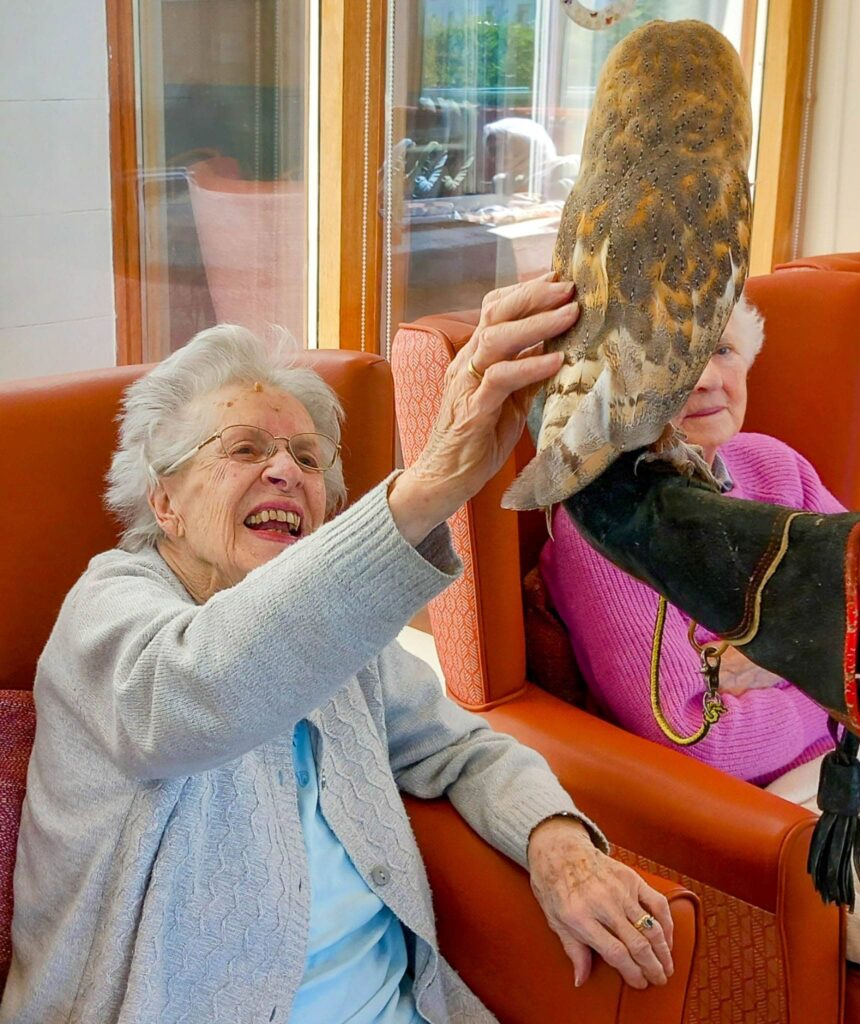 An elderly woman sitting in a chair smiles as she reaches out to touch a barn owl, one of the feathered friends featured at the animal event. Another elderly woman sits nearby.