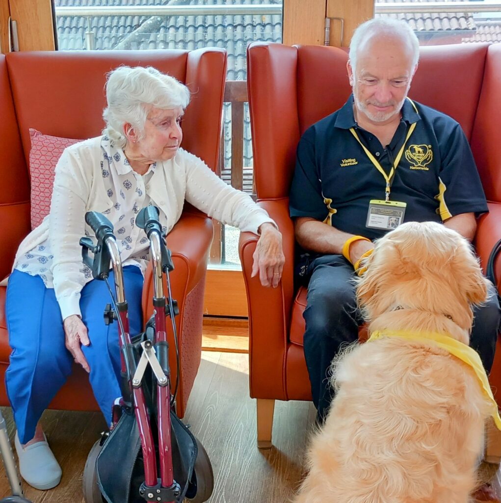 An elderly woman and a man sit in armchairs indoors, with a golden retriever facing them. The woman has a Zimmer frame in front of her.