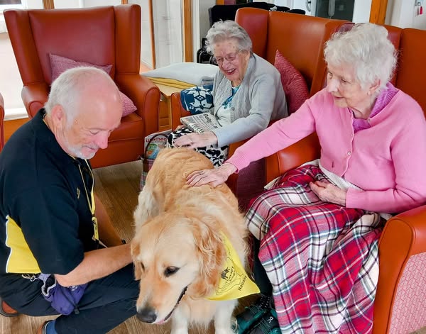Two elderly women sit in armchairs, smiling and stroking a golden retriever, while a man kneels beside the dog in a bright, cosy room.