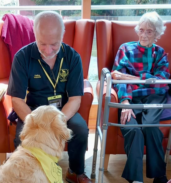 An elderly woman sits in a chair with a walking frame beside her, while a man interacts with a golden retriever wearing a yellow scarf indoors.