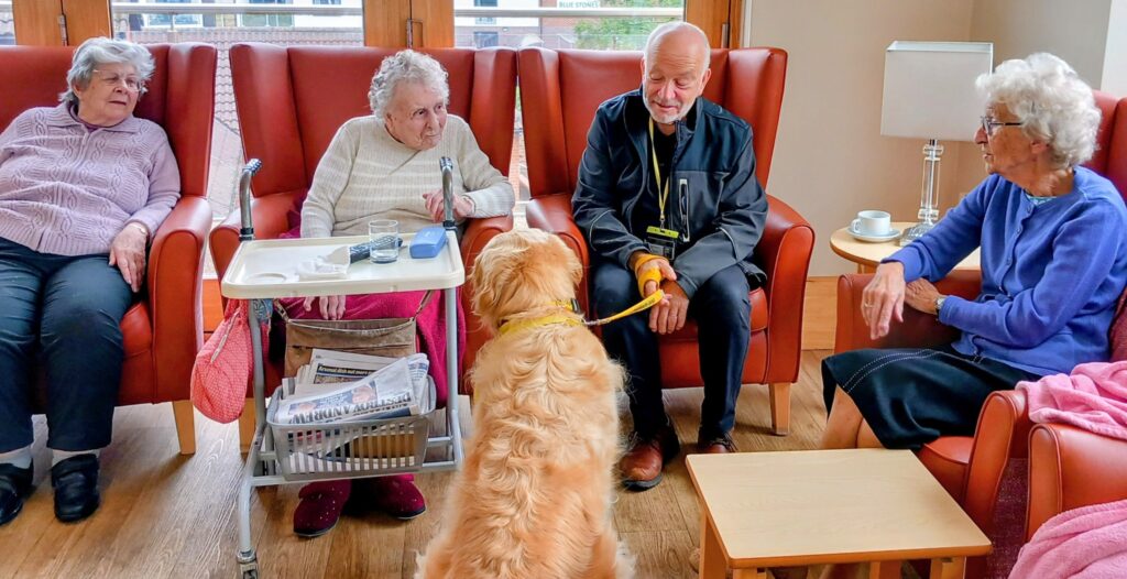 Four elderly people sit in armchairs, enjoying a Pawsitive Afternoon with Tim and his golden retriever, inside a well-lit room with wooden flooring.