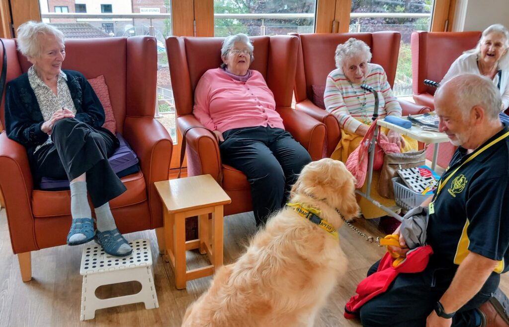 Four elderly women sit in armchairs, smiling and engaging with golden retriever Gwyll and his handler Tim during a Pawsitive Afternoon pet event at the care home.
