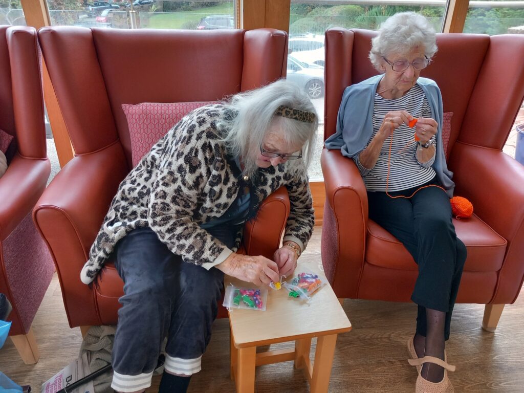 Two elderly women sit in armchairs; one organises Christmas Shoeboxes on a table, while the other knits with orange wool. Both seem absorbed in their activities in their cosy Wirral home.