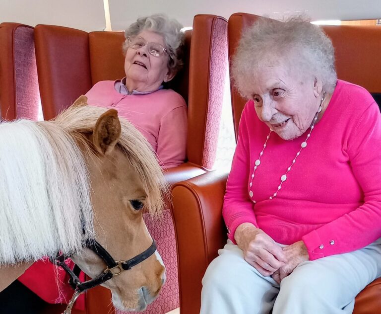 Two elderly women sit in orange chairs indoors, smiling at Fudgecake the Pony, their special visitor for this lovely afternoon occasion.