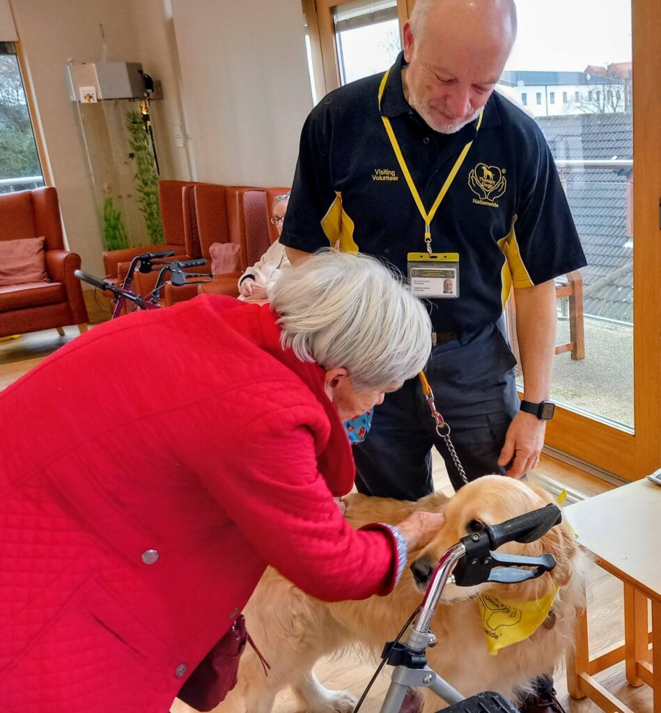 At a cheerful morning event, an elderly woman in a red coat strokes a golden retriever, accompanied by a man in a black and yellow shirt, inside a bright room with large windows—ideal for their Knit and Natter gathering.