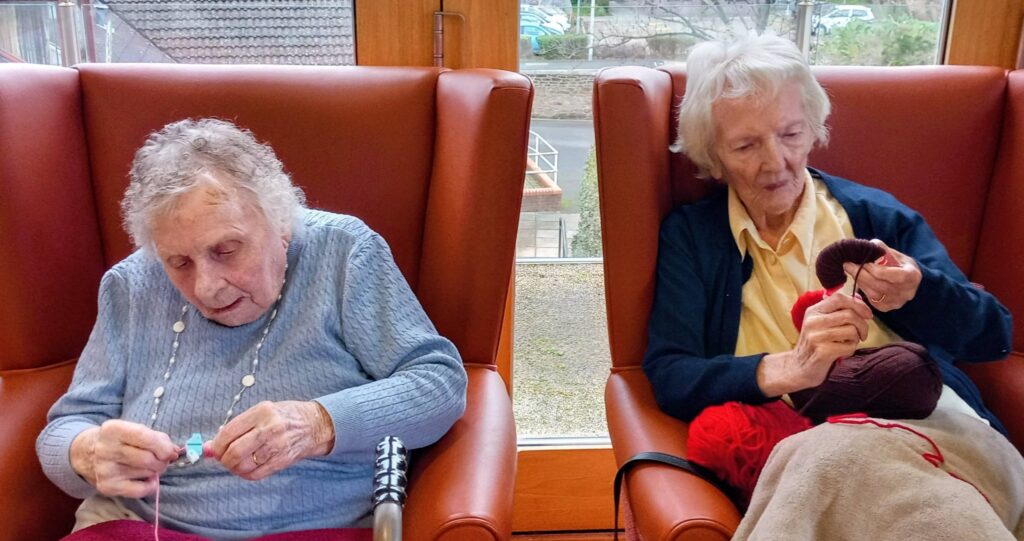 Two elderly women sit in armchairs by a window, each knitting with wool and needles, chatting amiably during a tranquil Crafternoon.
