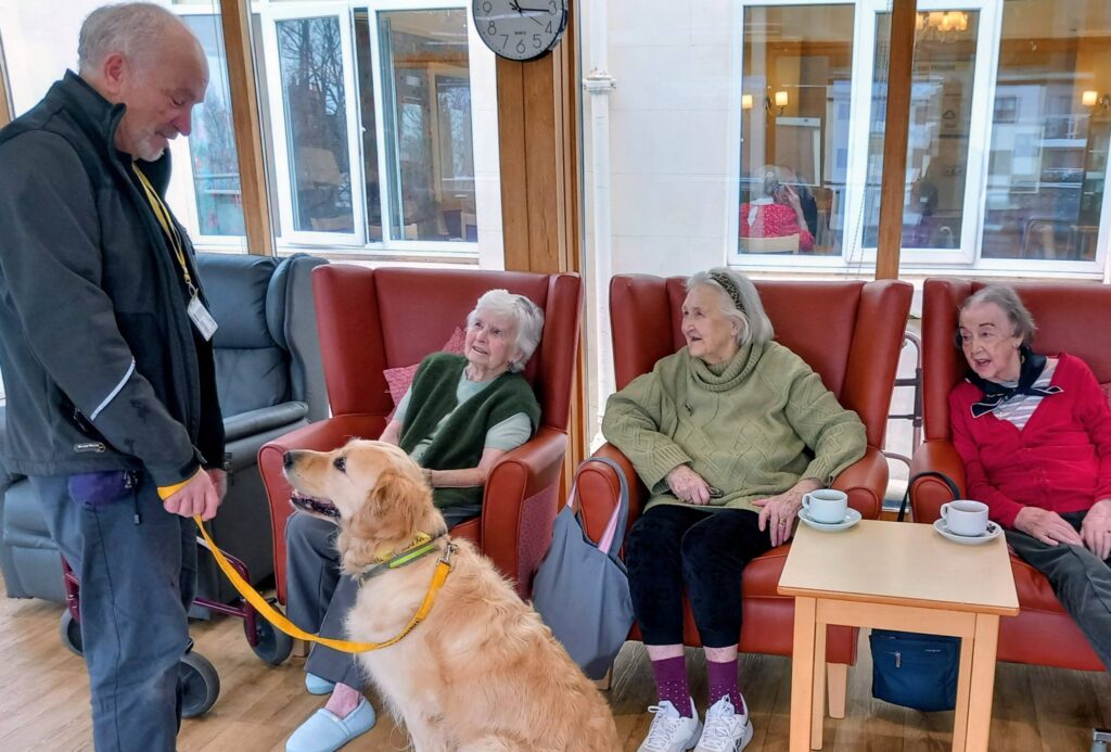 A man with a yellow lanyard stands with his pet golden retriever, its wagging tail bringing delightful surprises to three elderly women seated in armchairs with cups on a table in a bright, airy room.