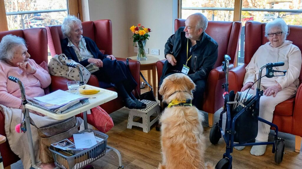 Four elderly people sit in armchairs chatting with a man and a golden retriever in a bright room; wagging tails and mobility aids are seen beside a table with snacks, suggesting delightful surprises in their day.