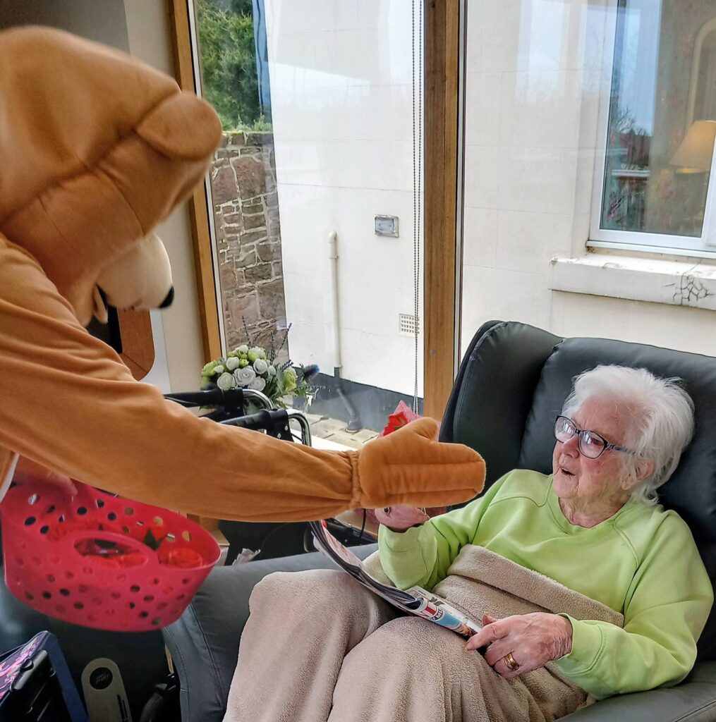 A person dressed in a bear costume delivers a Valentine’s hamper to an elderly woman wearing spectacles, seated in an armchair beside a window.