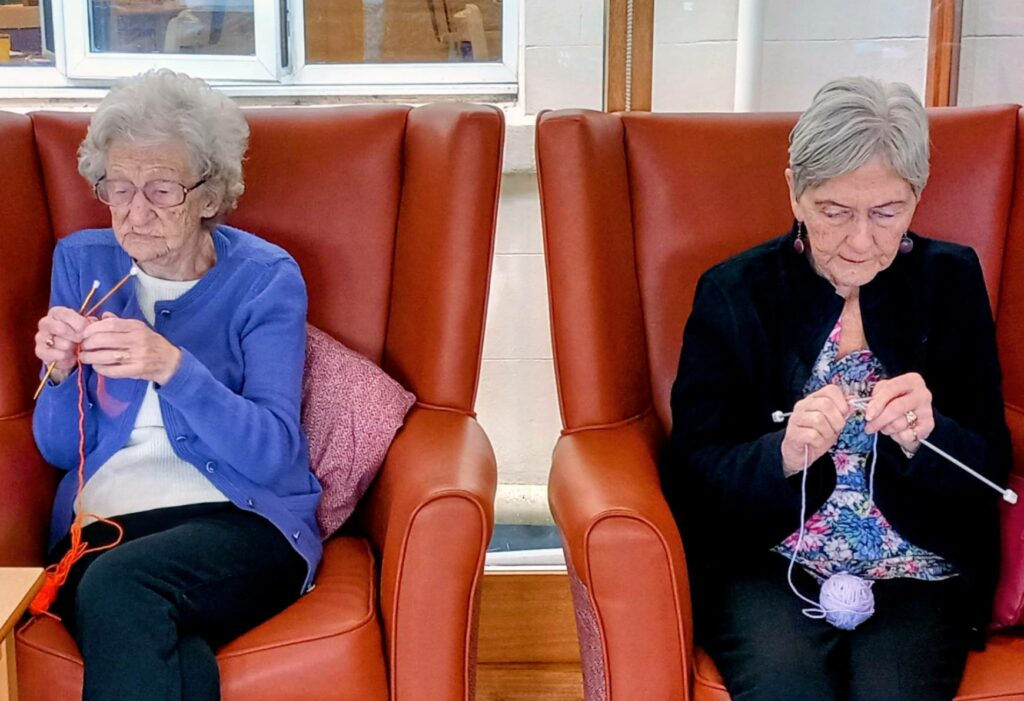 Two elderly women sit side by side in red armchairs, each concentrating on knitting with wool and needles.