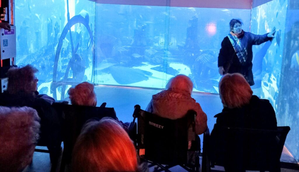 A group of elderly people watch a presenter speaking in front of a large aquarium tank, as if journeying back in time with the House of Memories and underwater scenery in the background.