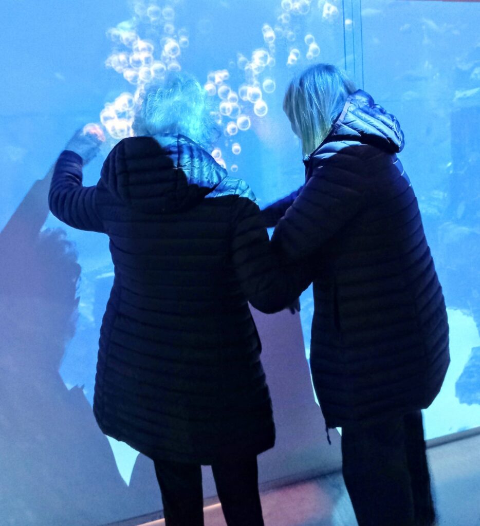 Two people in dark jackets stand side by side, facing a large aquarium tank filled with blue water and bubbles, as though stepping back in time at the House of Memories and observing the captivating display.
