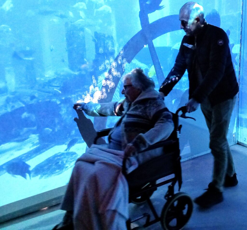 An elderly person in a wheelchair is being pushed by another adult in front of a large aquarium tank, feeling as though they are stepping back in time whilst watching the fish glide past.