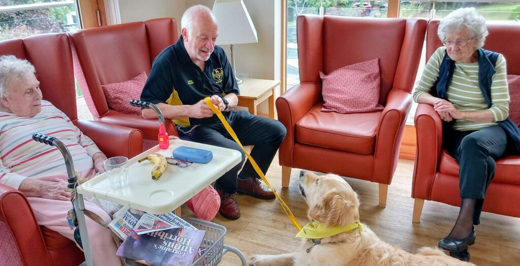 Three elderly people sit in armchairs while Tim holds a lead and strokes Gwyll, a golden retriever from Therapy Dogs Nationwide with a yellow scarf. A walking frame, tray of snacks, and newspapers are nearby.