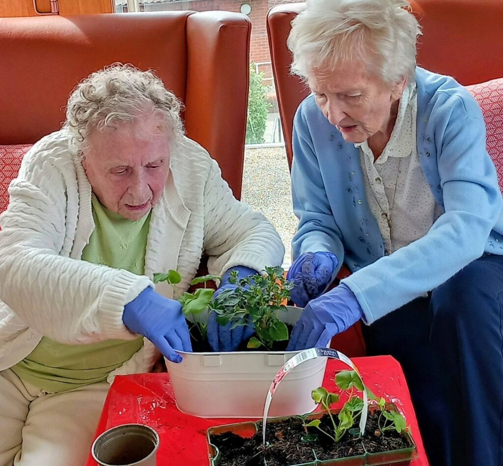 Two elderly women at Lear House, wearing blue gloves, enjoy an indoor planting day, arranging flowers in a white container on a red table. A small tray of plants and a cup finish off this balcony gardening scene.