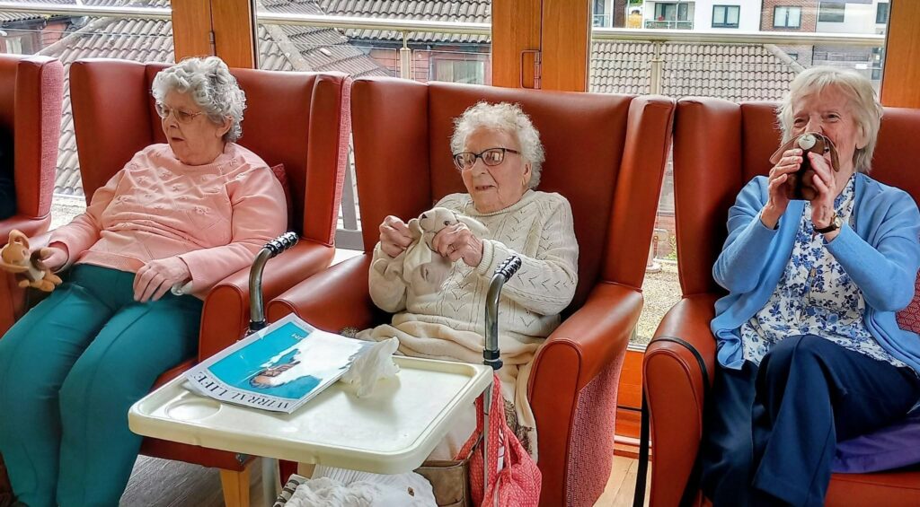 Three elderly women sit in armchairs by a window, each holding a cup. A small table with a magazine and serviette is in front; perhaps they're reminiscing after enjoying Popcat's Music Time together in their care home.