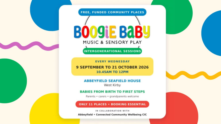 Join Boogie Baby West Kirby for music & sensory play—Weds, 9 Sept–21 Oct 2026, 10:45am–12pm at Abbeyfield Seafield House. For babies from birth to first steps. Booking essential!.
