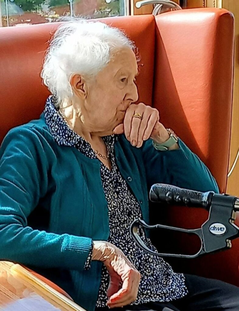 Sandra Currie, an elderly lady with white hair, sits in a red chair, chin resting on her hand. She wears a blue cardigan and patterned blouse; sunlight streams in as gentle music plays. A walking frame stands beside her.
