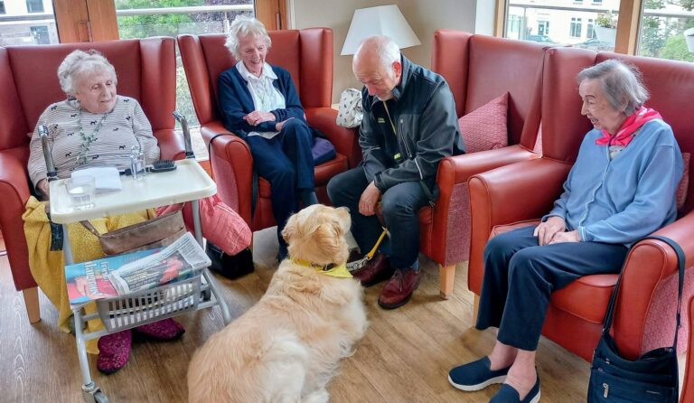 Four elderly people sit in armchairs, engaging with a golden retriever from Therapy Dogs Nationwide and its handler, Tim. A tray with a drink and a newspaper trolley are close by in the lounge.