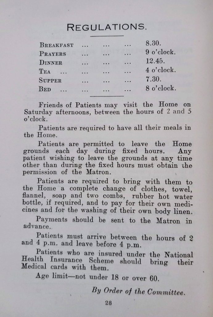 A list of house regulations including mealtimes and visiting hours, signed by order of the committee to govern every Saturday afternoon through time.