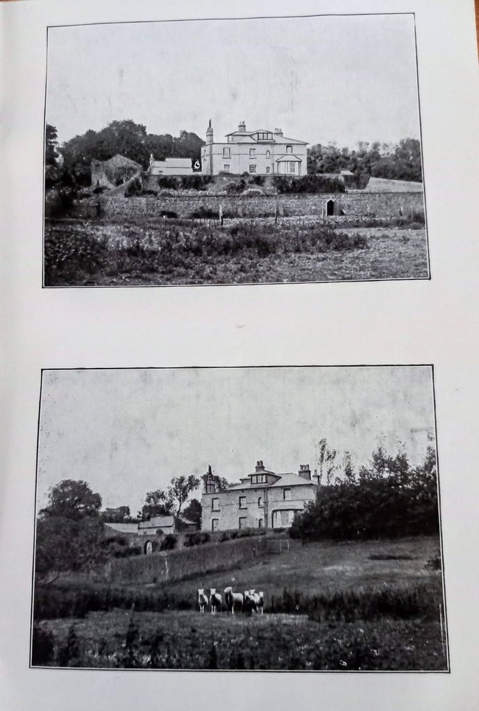 Two black and white historical photographs from a Saturday trip showing a large house on a hill above a stone wall and field, with a small group of sheep in the foreground of the lower image.