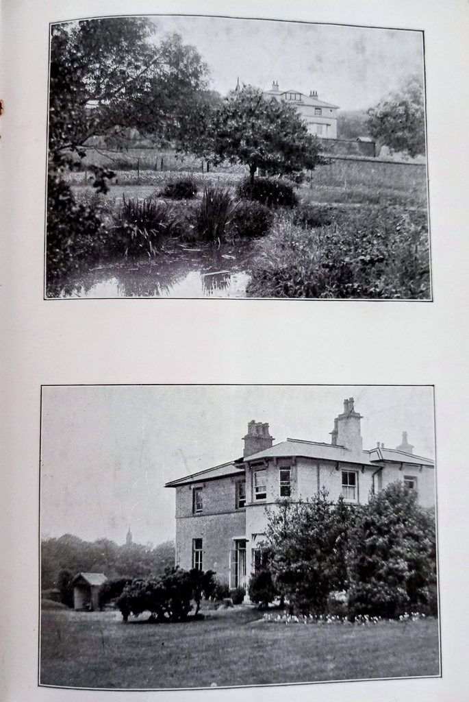 Two black-and-white photographs of a large house viewed from a garden, evoking the feeling of a Saturday afternoon trip through time.